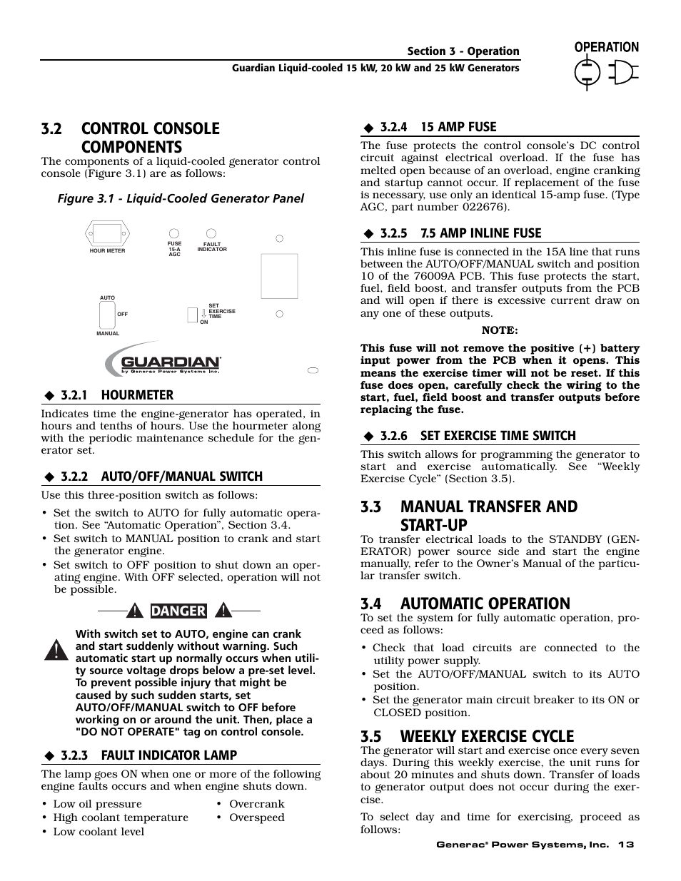 2 control console components, 3 manual transfer and start-up, 4 automatic operation | 5 weekly exercise cycle, Danger | Guardian Technologies 004724-0 User Manual | Page 15 / 52