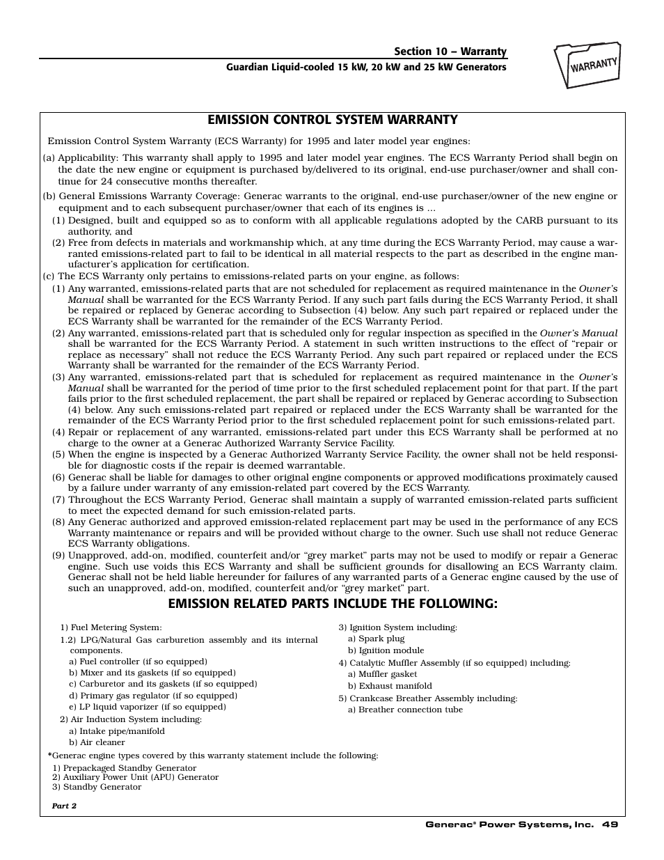 Emission control system warranty, Emission related parts include the following | Guardian Technologies 004724-0 User Manual | Page 51 / 52