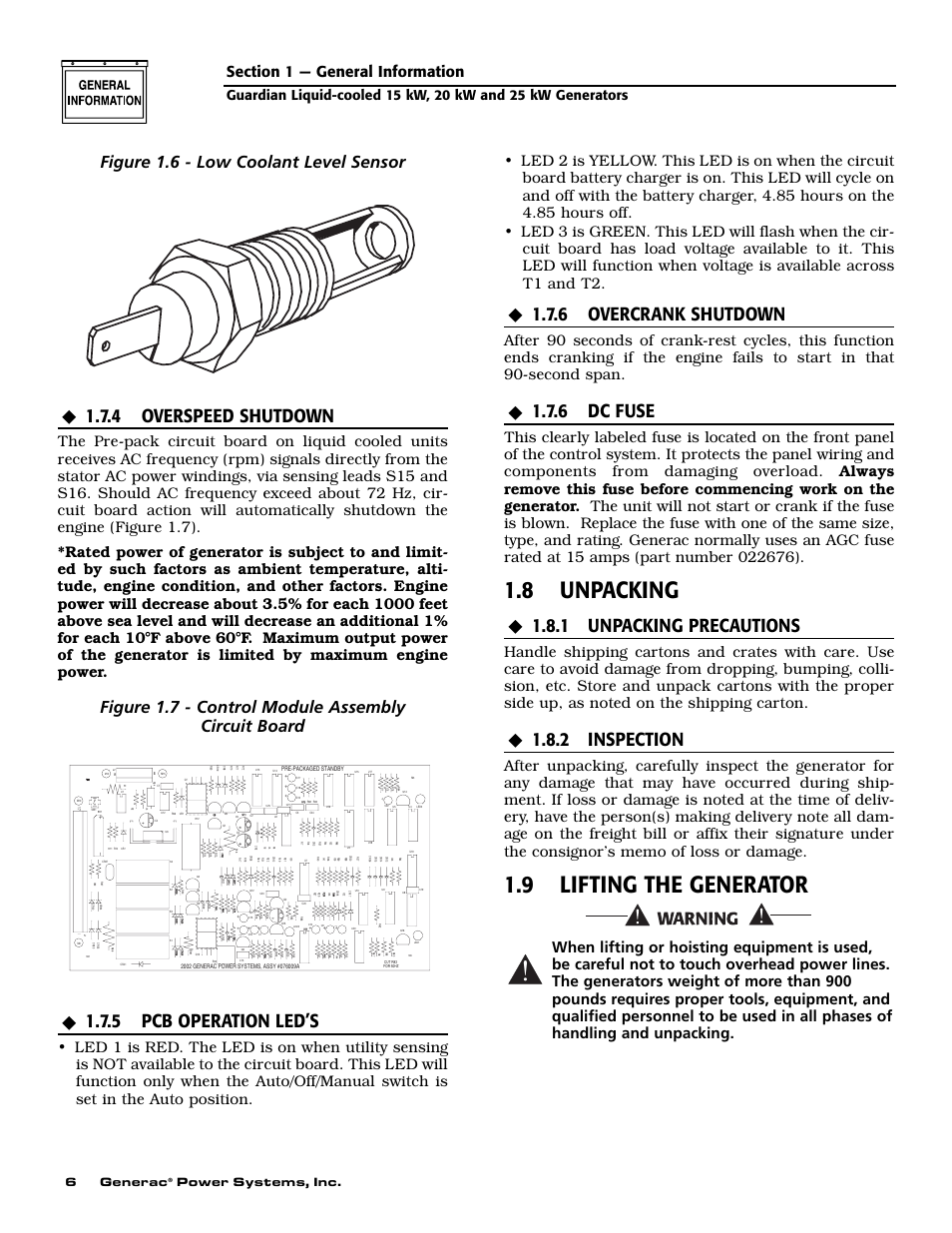 8 unpacking, 9 lifting the generator, 4 overspeed shutdown | 5 pcb operation led’s, 6 overcrank shutdown, 6 dc fuse, 1 unpacking precautions, 2 inspection, Figure 1.6 - low coolant level sensor, Figure 1.7 - control module assembly circuit board | Guardian Technologies 004724-0 User Manual | Page 8 / 52