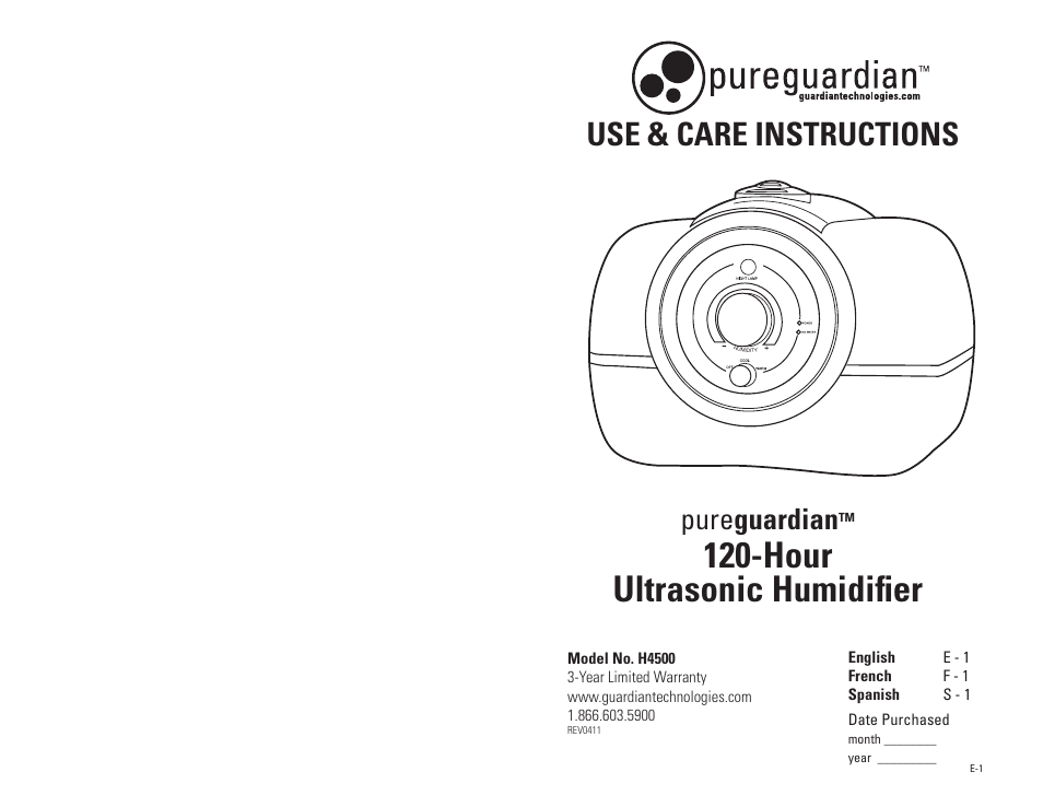 Guardian Technologies PUREGUARDIAN H4500 User Manual | 18 pages