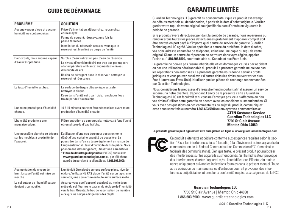 Garantie limitée | Guardian Technologies PUREGUARDIAN H4500 User Manual | Page 11 / 18