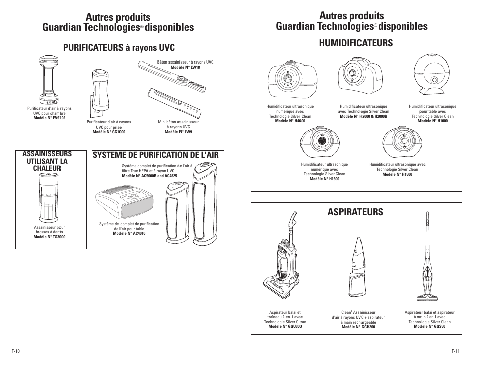 Autres produits guardian technologies, Disponibles, Humidificateurs aspirateurs | Purificateurs à rayons uvc, Système de purification de l'air, Power spray control cool/warm hi refill, Assainisseurs utilisant la chaleur | Guardian Technologies PUREGUARDIAN H4500 User Manual | Page 12 / 18