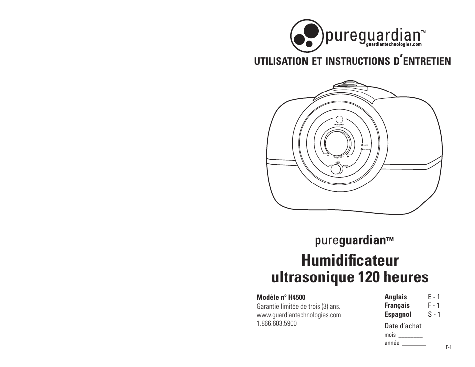 Humidifi cateur ultrasonique 120 heures | Guardian Technologies PUREGUARDIAN H4500 User Manual | Page 7 / 18