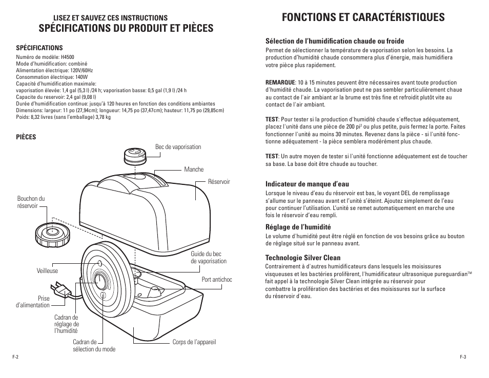 Fonctions et caractéristiques, Spécifications du produit et pièces | Guardian Technologies PUREGUARDIAN H4500 User Manual | Page 8 / 18