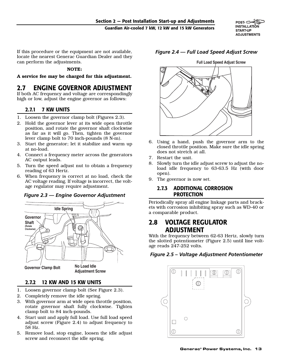 7 engine governor adjustment, 8 voltage regulator adjustment | Guardian Technologies 04456-2 User Manual | Page 15 / 60