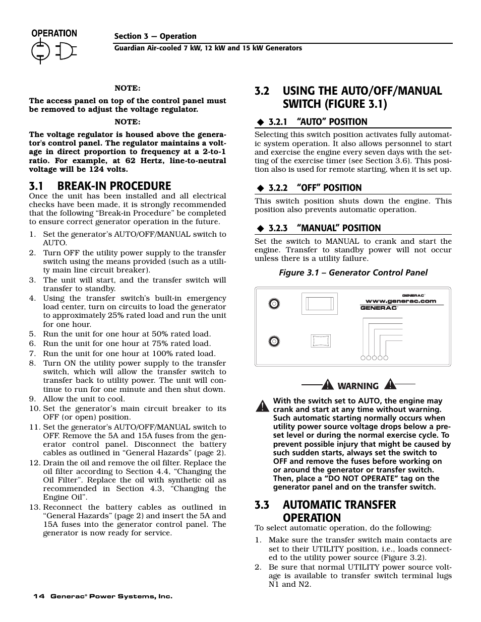 1 break-in procedure, 2 using the auto/off/manual switch (figure 3.1), 3 automatic transfer operation | 1 “auto” position, 2 “off” position, 3 “manual” position, Figure 3.1 – generator control panel | Guardian Technologies 04456-2 User Manual | Page 16 / 60