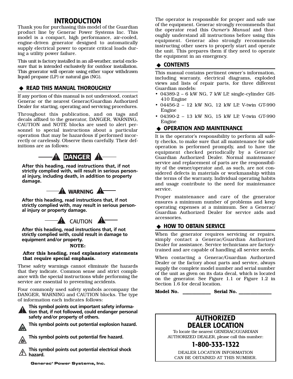 Introduction, Authorized dealer location, Danger | Guardian Technologies 04456-2 User Manual | Page 2 / 60