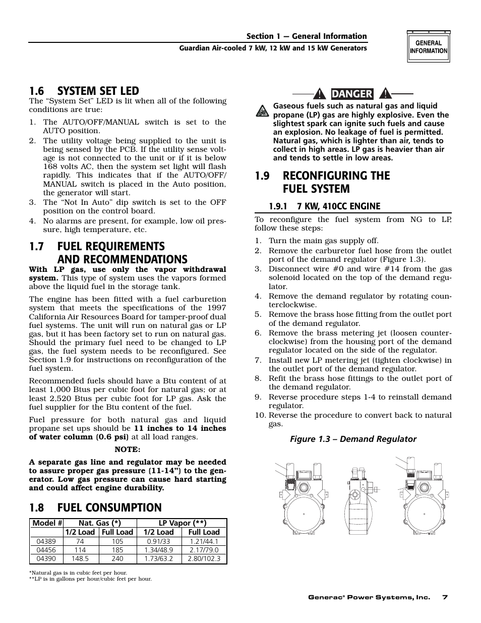 6 system set led, 7 fuel requirements and recommendations, 8 fuel consumption | 9 reconfiguring the fuel system, Danger | Guardian Technologies 04456-2 User Manual | Page 9 / 60