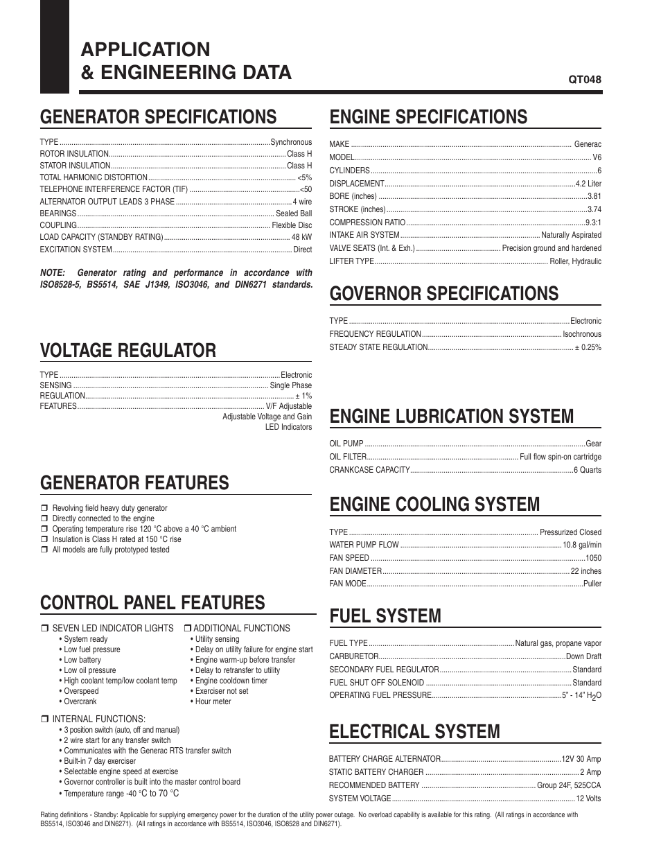 Application & engineering data, Generator specifications, Generator features | Voltage regulator, Control panel features, Engine specifications, Governor specifications, Engine lubrication system, Engine cooling system, Fuel system | Guardian Technologies QT048 User Manual | Page 2 / 4