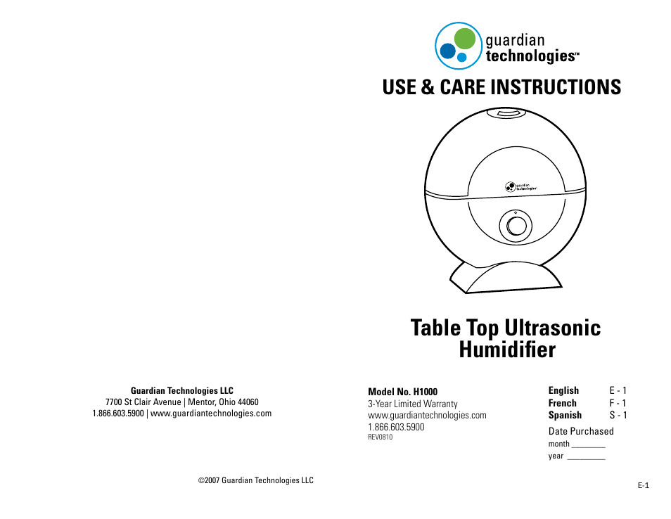 Guardian Technologies H1000 User Manual | 5 pages
