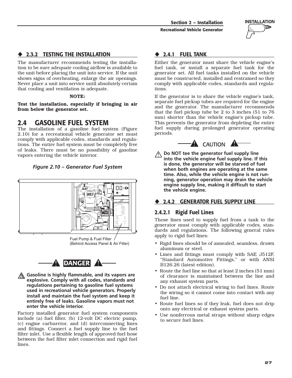 4 gasoline fuel system, Danger, 2 testing the installation | 1 fuel tank | Guardian Technologies 004708-0 User Manual | Page 29 / 52