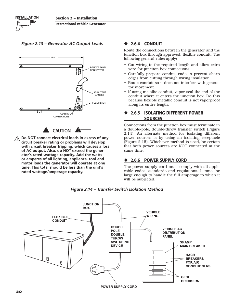 4 conduit, 5 isolating different power  sources, 6 power supply cord | Figure 2.13 – generator ac output leads, Figure 2.14 – transfer switch isolation method, Recreational vehicle generator | Guardian Technologies 004708-0 User Manual | Page 32 / 52