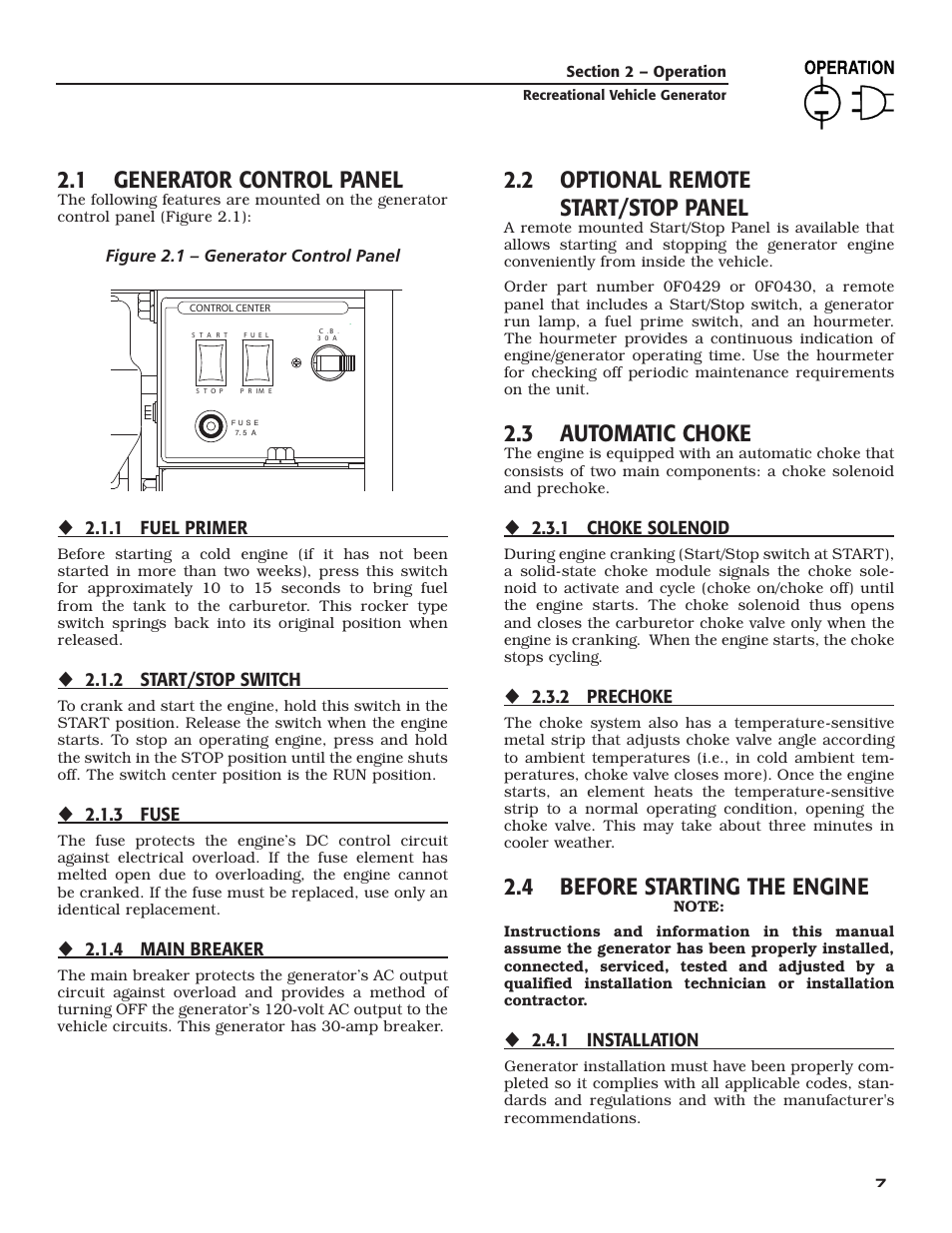 Section 2 – operation, 1 generator control panel, 2 optional remote start/stop panel | 3 automatic choke, 4 before starting the engine | Guardian Technologies 004708-0 User Manual | Page 9 / 52