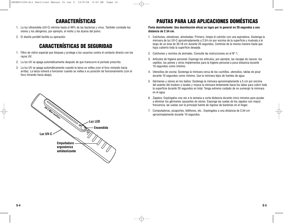 Características, Características de seguridad, Pautas para las aplicaciones domésticas | Guardian Technologies SANITIZER WAND LW9 User Manual | Page 12 / 14