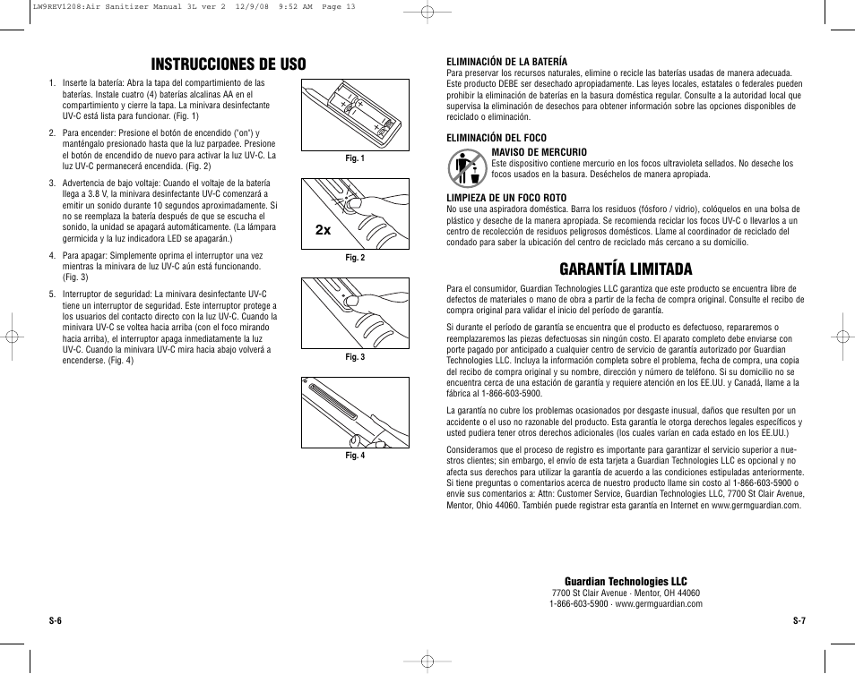 Garantía limitada, Instrucciones de uso | Guardian Technologies SANITIZER WAND LW9 User Manual | Page 13 / 14