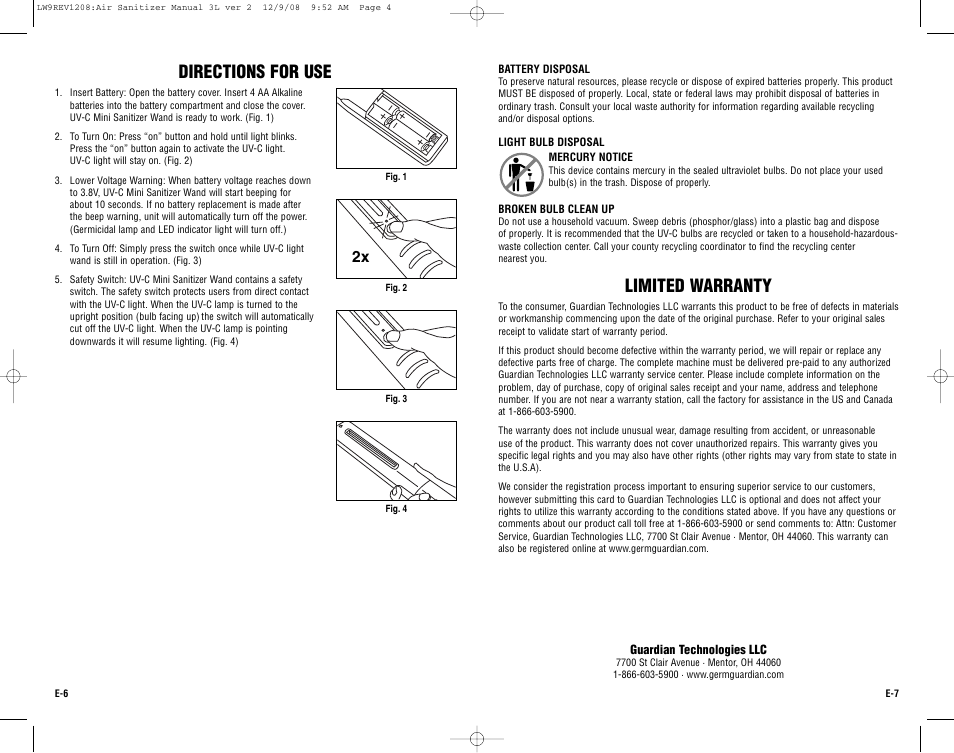 Directions for use limited warranty | Guardian Technologies SANITIZER WAND LW9 User Manual | Page 4 / 14
