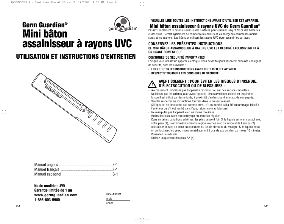 Mini bâton assainisseur à rayons uvc, Germ guardian, Utilisation et instructions d’entretien | Guardian Technologies SANITIZER WAND LW9 User Manual | Page 6 / 14