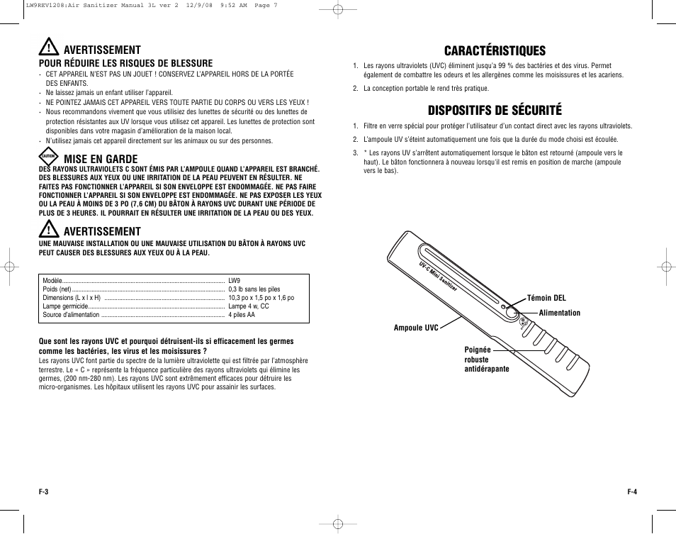 Caractéristiques, Dispositifs de sécurité, Avertissement | Mise en garde | Guardian Technologies SANITIZER WAND LW9 User Manual | Page 7 / 14