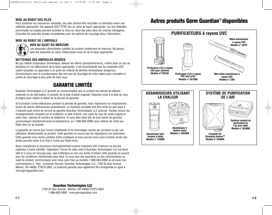 Autres produits germ guardian, Disponibles, Garantie limitée | Purificateurs à rayons uvc, On/off | Guardian Technologies SANITIZER WAND LW9 User Manual | Page 9 / 14