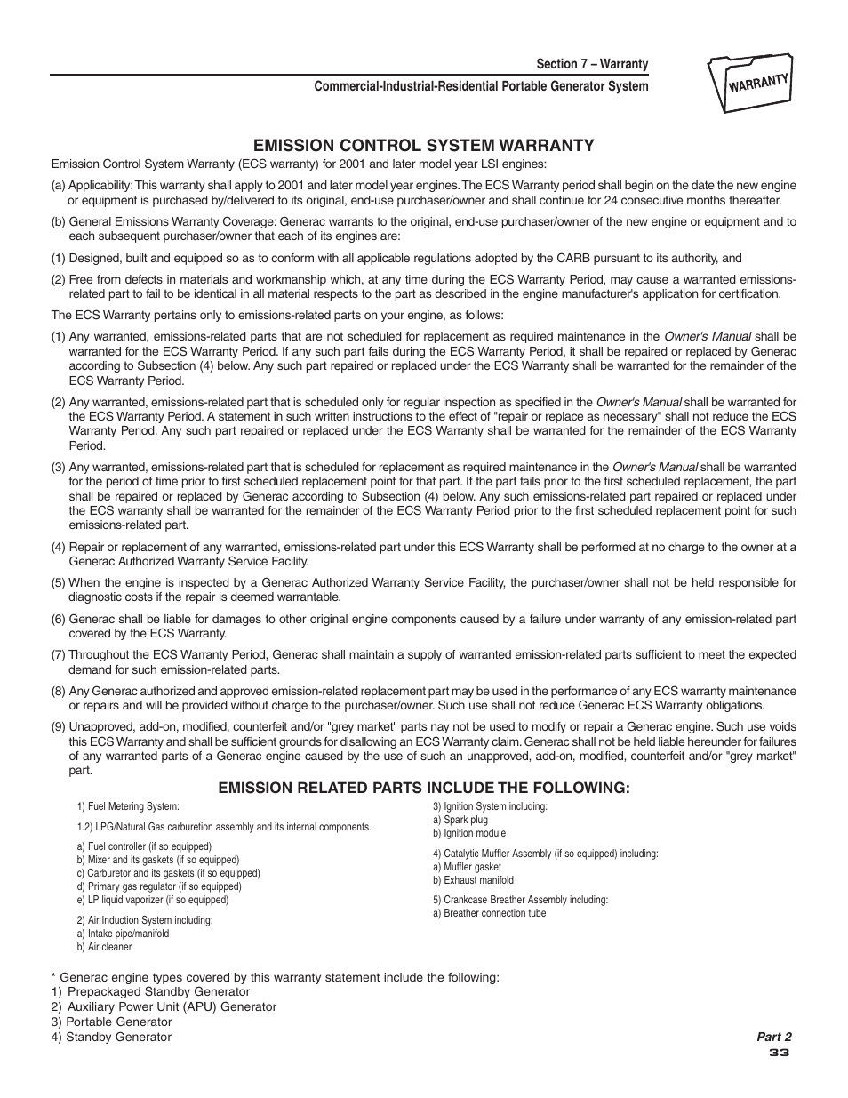 Emission control system warranty | Guardian Technologies 004582-2 User Manual | Page 35 / 64