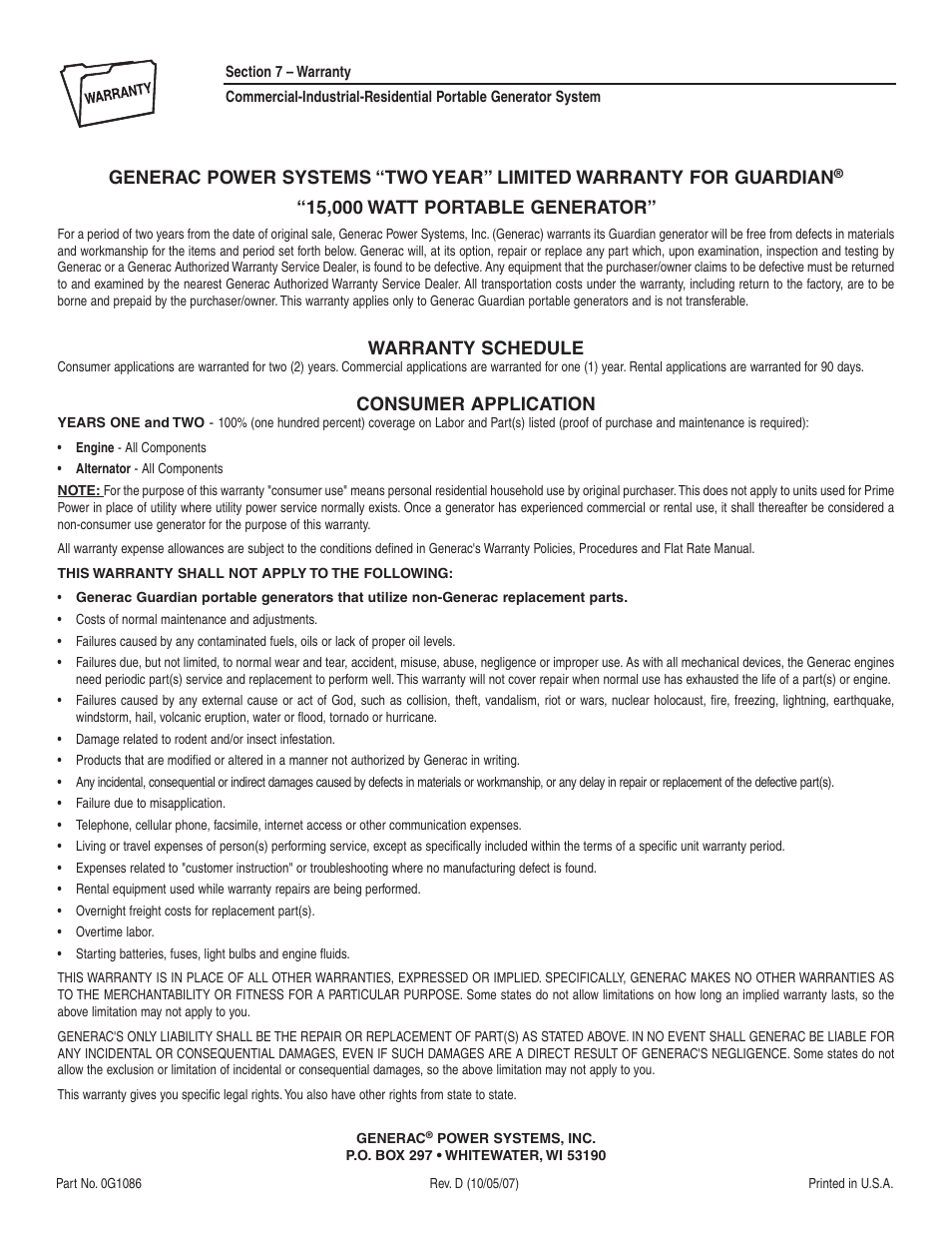 Warranty schedule, Consumer application | Guardian Technologies 004582-2 User Manual | Page 36 / 64