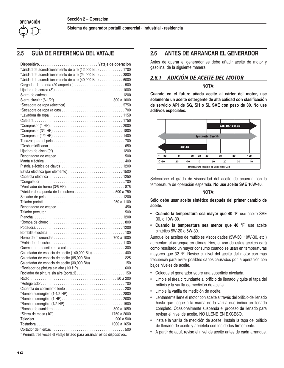 5 guía de referencia del vataje, 6 antes de arrancar el generador, 1 adición de aceite del motor | Guardian Technologies 004582-2 User Manual | Page 48 / 64