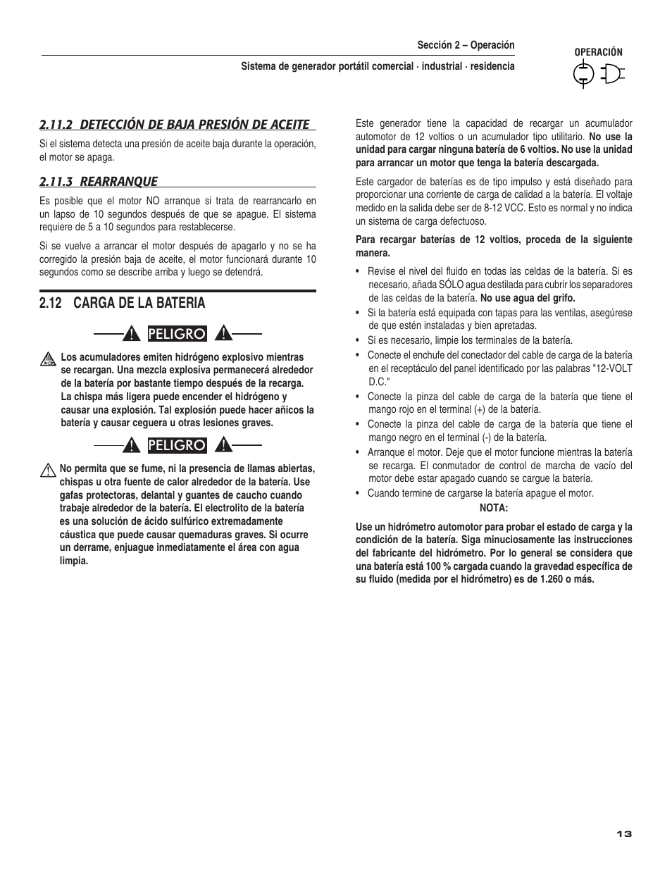 12 carga de la bateria, Peligro | Guardian Technologies 004582-2 User Manual | Page 51 / 64