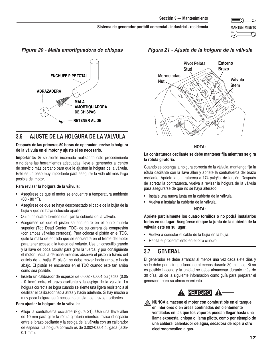 6 ajuste de la holgura de la válvula, 7 general, Peligro | Guardian Technologies 004582-2 User Manual | Page 55 / 64