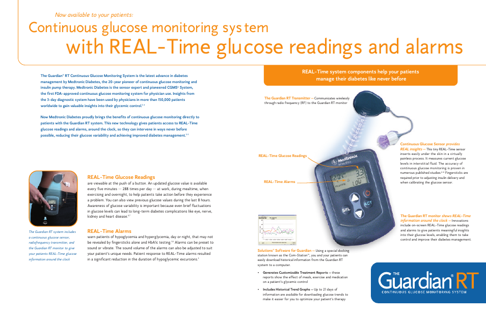 With real-time glucose readings and alarms, Continuous glucose monitoring system, Now available to your patients | Real-time alarms, Real-time glucose readings | Guardian Technologies Glucose Monitor User Manual | Page 2 / 4