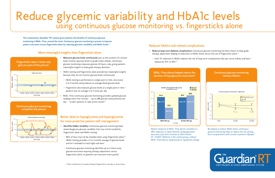 Reduce glycemic variabi lity and hba1c levels, More meaningful insights than fingersticks alone, Reduces hba1cs and related complications | Continuous glucose monitoring reduces hba1cs, The revolutionary guardian | Guardian Technologies Glucose Monitor User Manual | Page 3 / 4