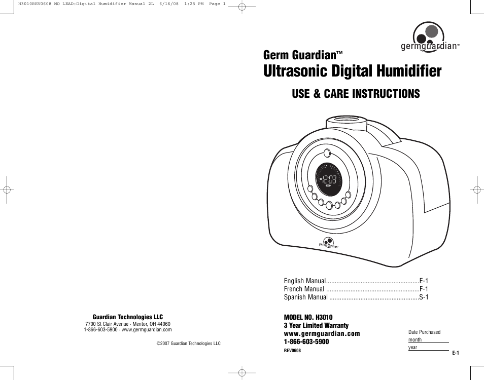 Guardian Technologies Germ Guardian H3010 User Manual | 19 pages