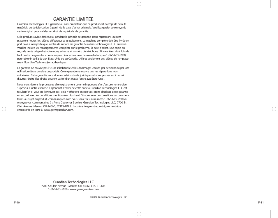 Garantie limitée | Guardian Technologies Germ Guardian H3010 User Manual | Page 12 / 19
