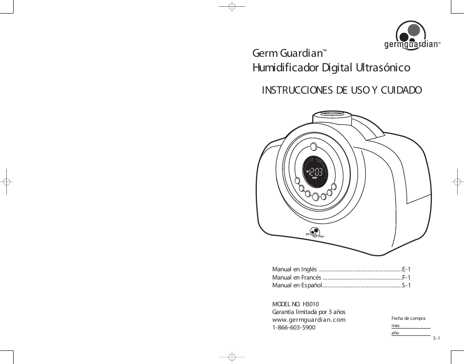 Humidificador digital ultrasónico, Germ guardian, Instrucciones de uso y cuidado | Guardian Technologies Germ Guardian H3010 User Manual | Page 13 / 19