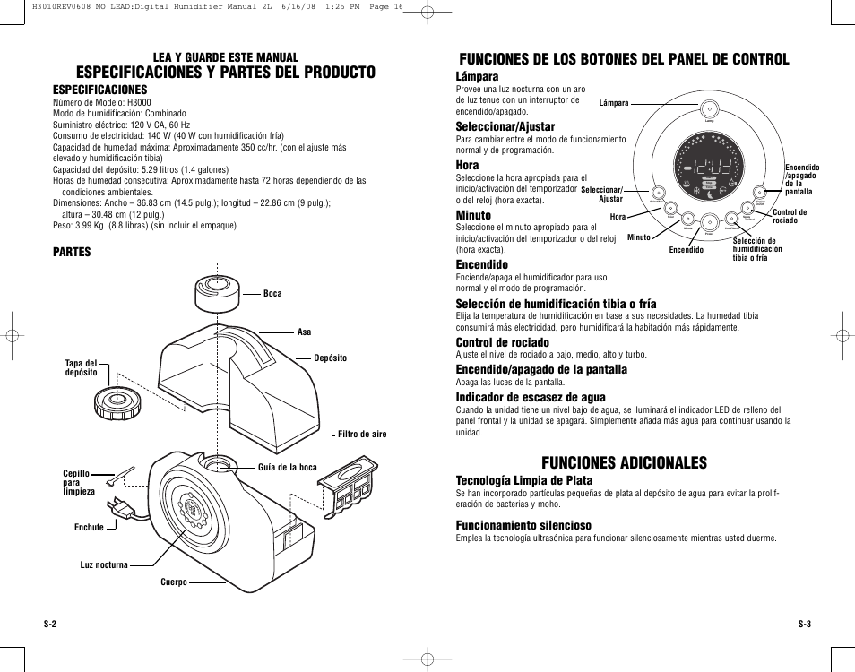 Especificaciones y partes del producto, Funciones adicionales, Funciones de los botones del panel de control | Lea y guarde este manual, Especificaciones, Partes, Lámpara, Seleccionar/ajustar, Hora, Minuto | Guardian Technologies Germ Guardian H3010 User Manual | Page 14 / 19