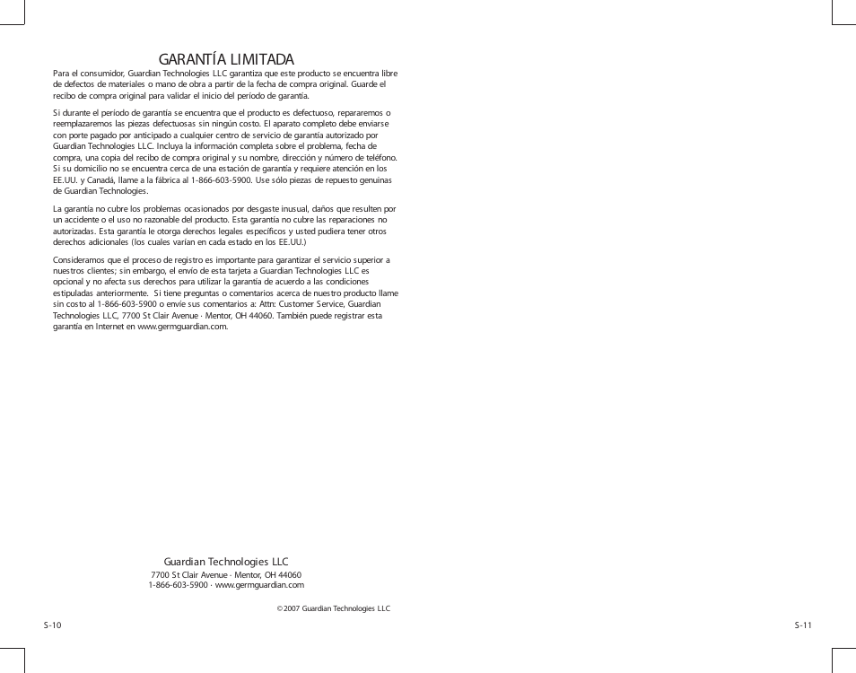 Garantía limitada | Guardian Technologies Germ Guardian H3010 User Manual | Page 18 / 19