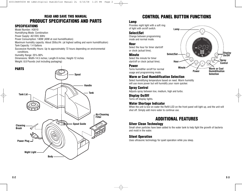 Control panel button functions, Additional features, Product specifications and parts | Guardian Technologies Germ Guardian H3010 User Manual | Page 2 / 19