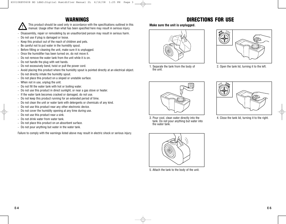 Warnings, Directions for use | Guardian Technologies Germ Guardian H3010 User Manual | Page 3 / 19