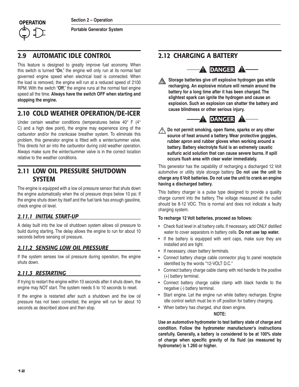 9 automatic idle control, 10 cold weather operation/de-icer, 11 low oil pressure shutdown system | 12 charging a battery | Guardian Technologies 004583-0 User Manual | Page 14 / 80