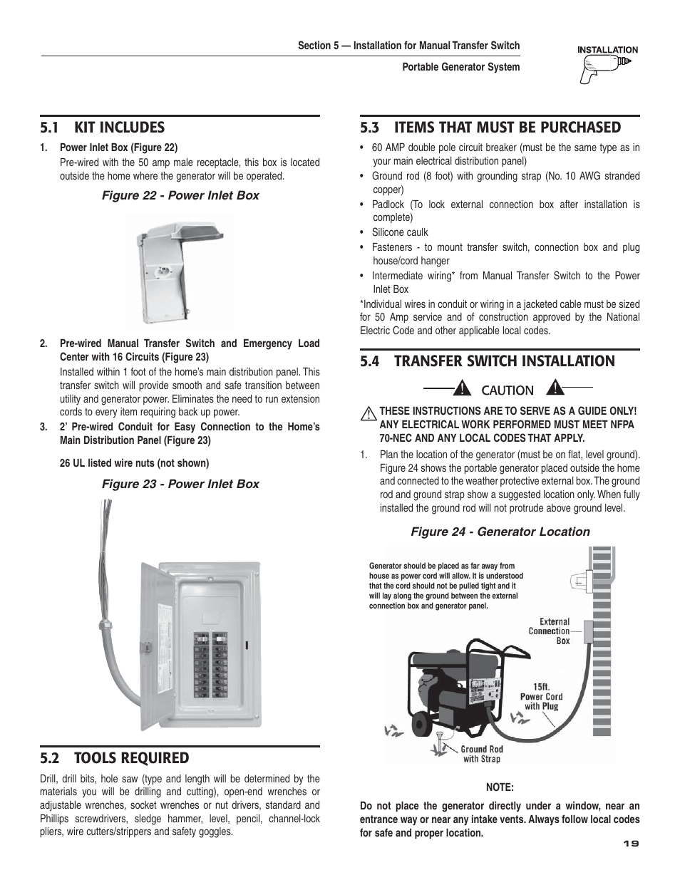 1 kit includes, 2 tools required, 3 items that must be purchased | 4 transfer switch installation | Guardian Technologies 004583-0 User Manual | Page 21 / 80