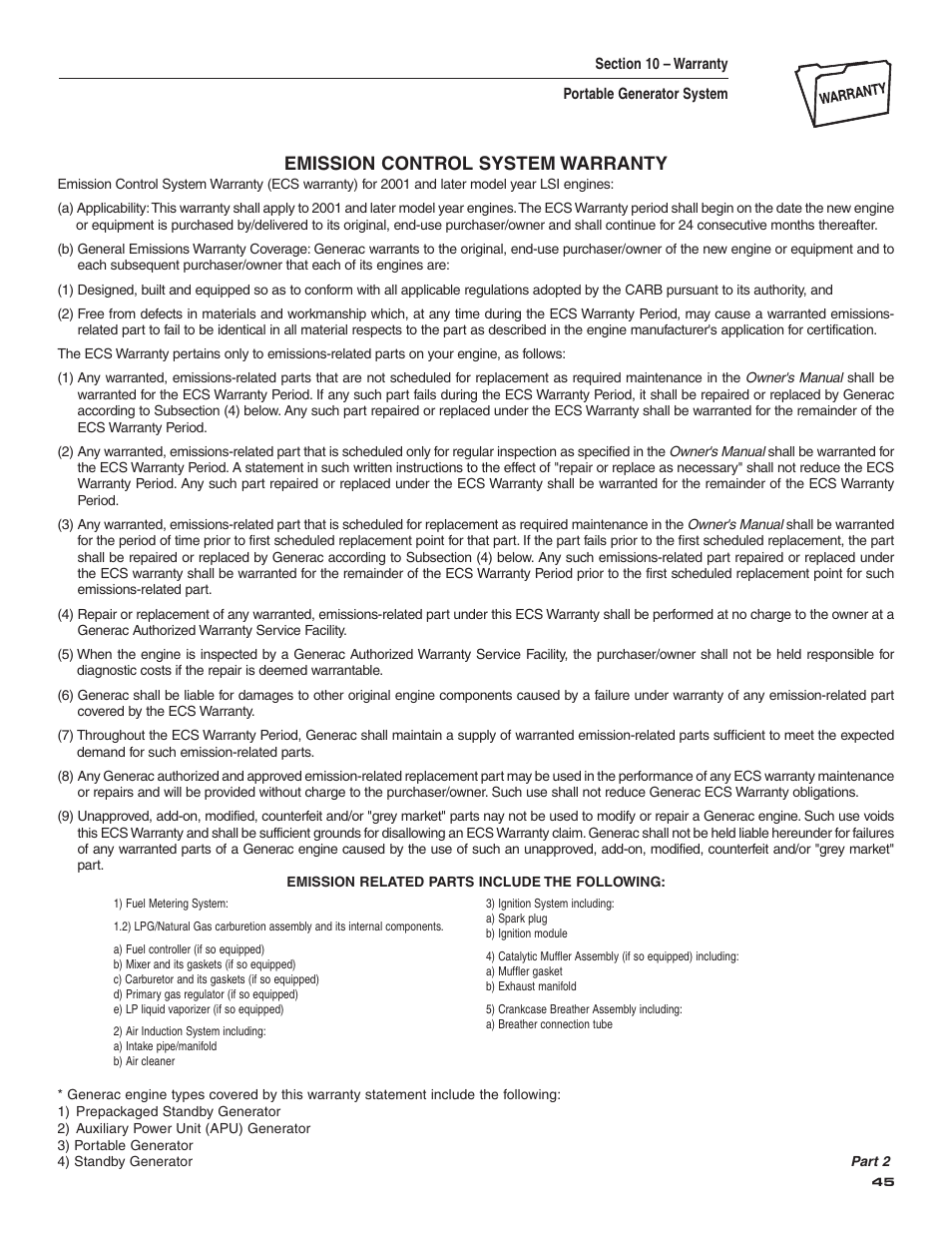 Emission control system warranty | Guardian Technologies 004583-0 User Manual | Page 47 / 80