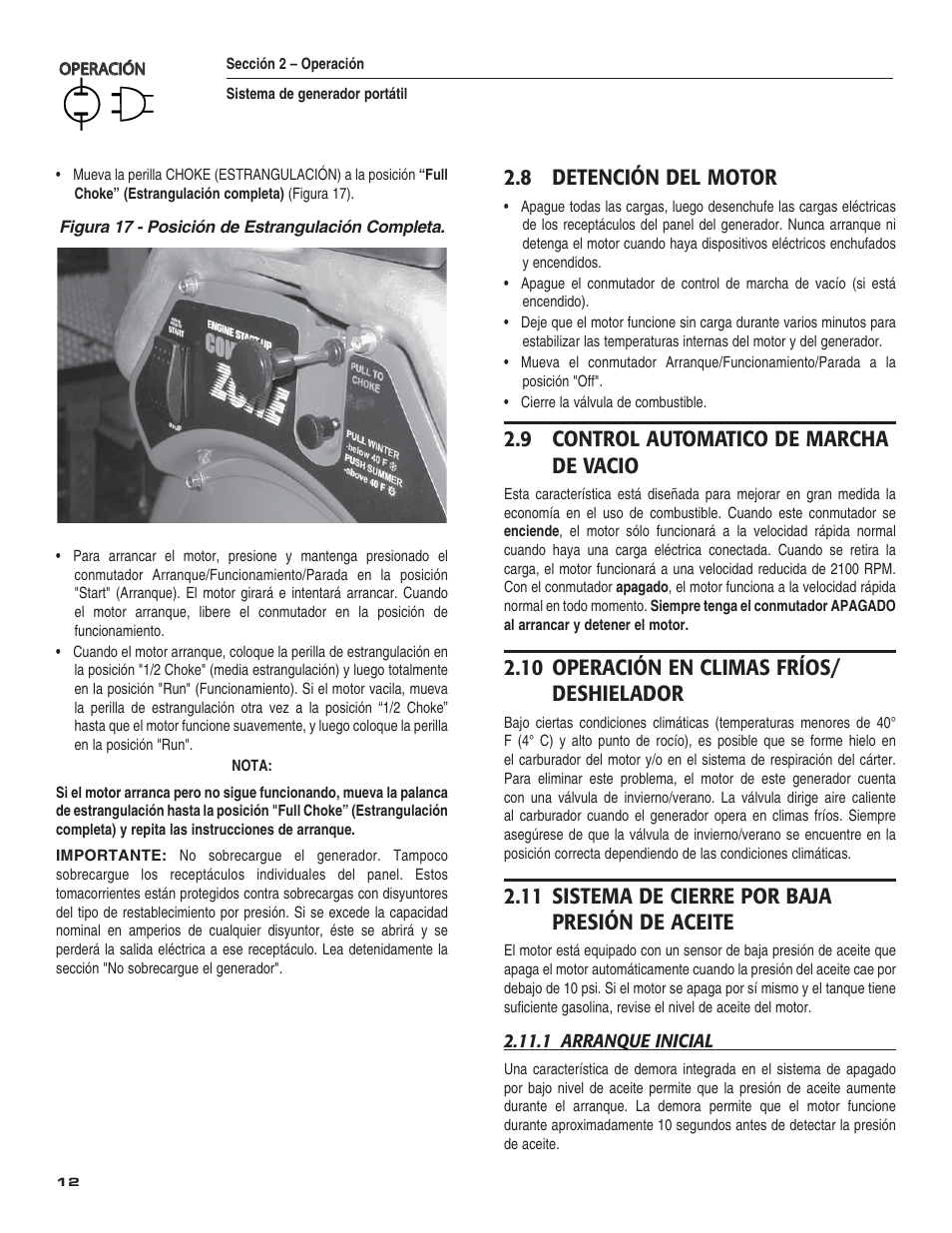 8 detención del motor, 9 control automatico de marcha de vacio, 10 operación en climas fríos/ deshielador | 11 sistema de cierre por baja presión de aceite | Guardian Technologies 004583-0 User Manual | Page 62 / 80
