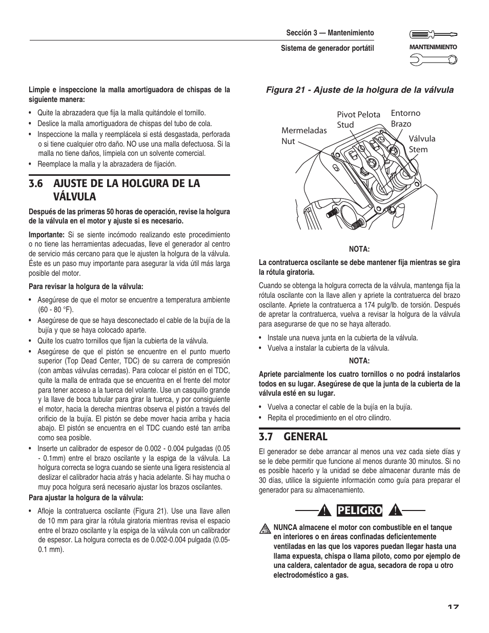 6 ajuste de la holgura de la válvula, 7 general | Guardian Technologies 004583-0 User Manual | Page 67 / 80