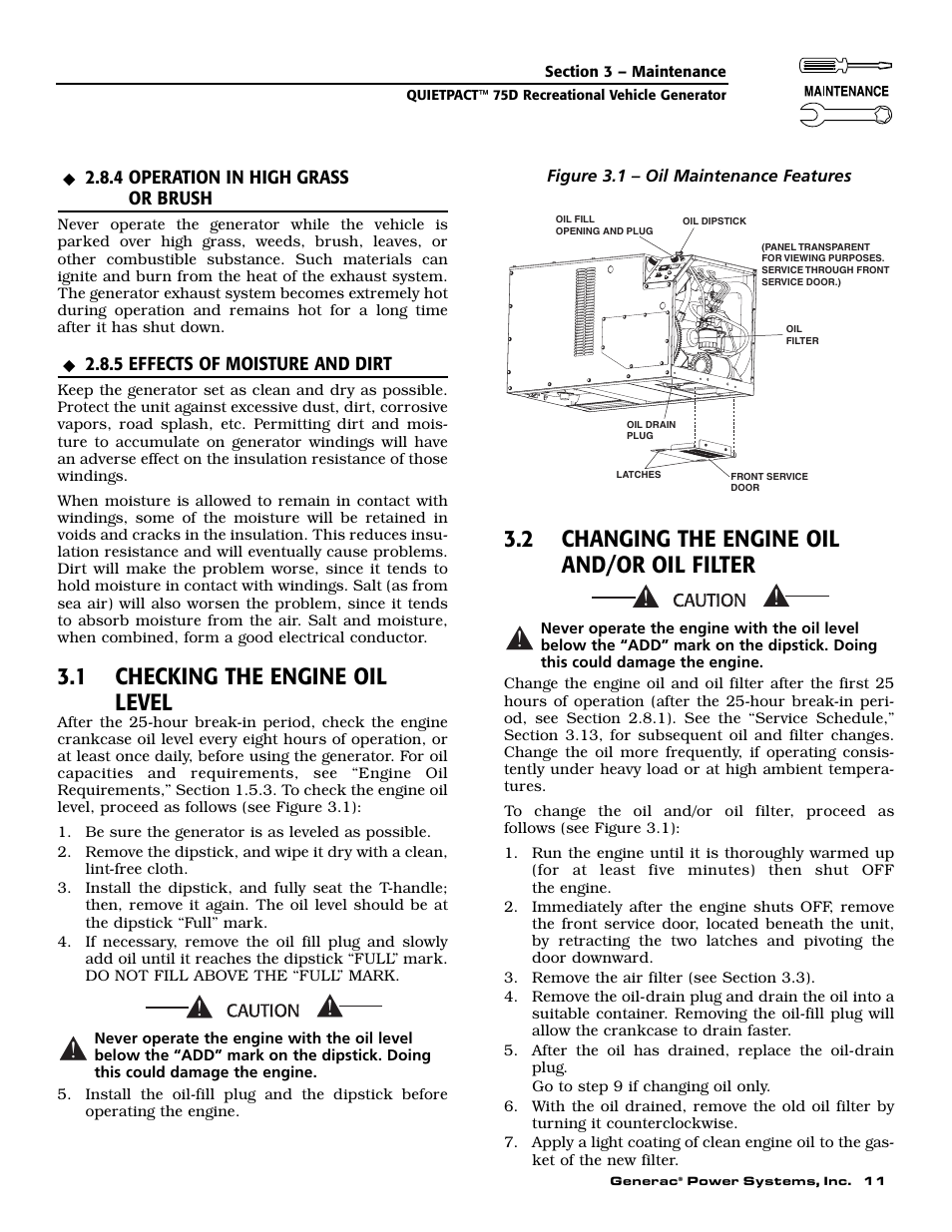 1 checking the engine oil level, 2 changing the engine oil and/or oil filter | Guardian Technologies 004270-3 User Manual | Page 13 / 68