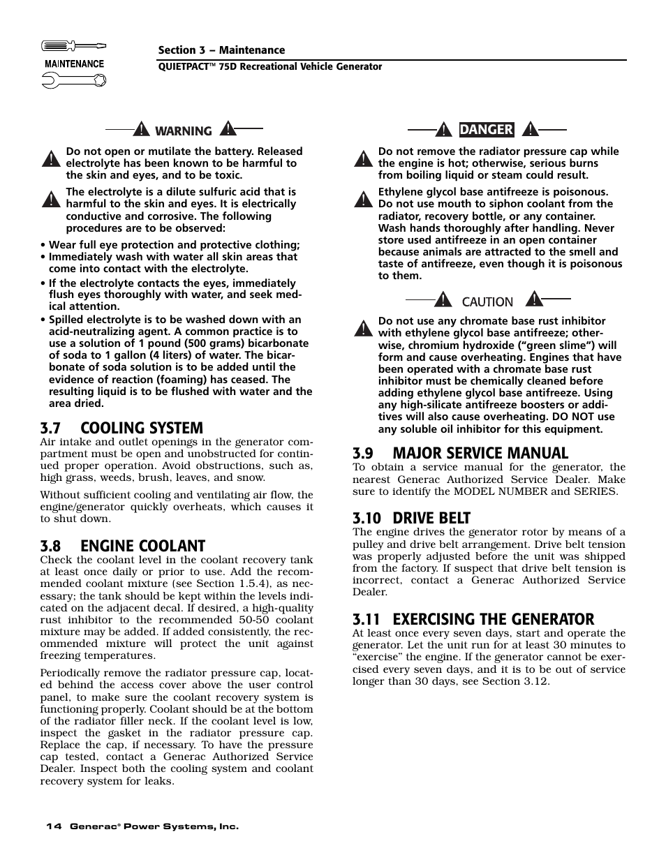 7 cooling system, 8 engine coolant, 9 major service manual | 10 drive belt, 11 exercising the generator | Guardian Technologies 004270-3 User Manual | Page 16 / 68