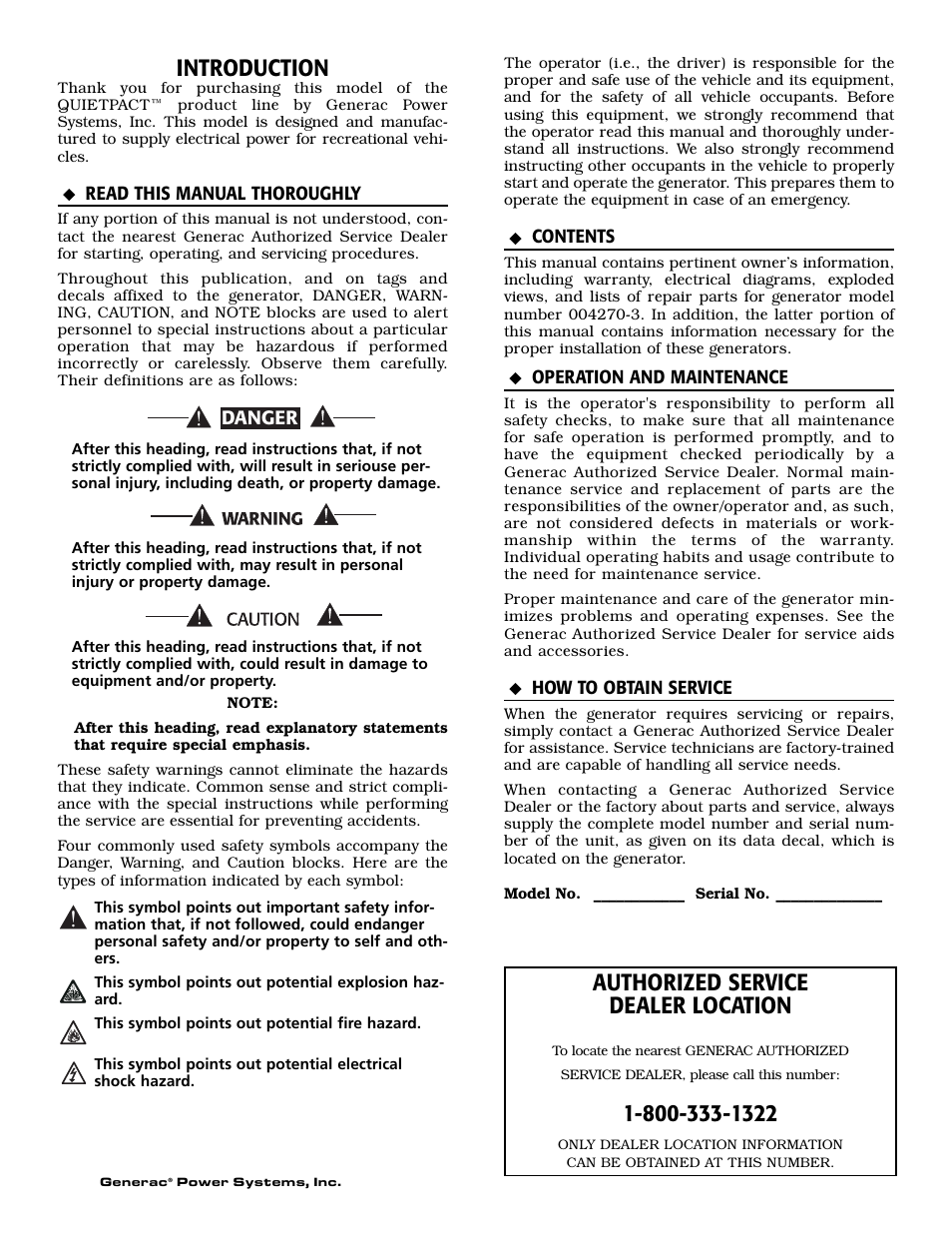 Introduction, Authorized service dealer location | Guardian Technologies 004270-3 User Manual | Page 2 / 68