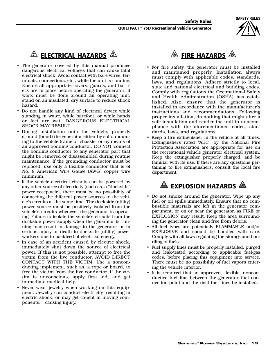 Electrical hazards, Fire hazards, Explosion hazards | Guardian Technologies 004270-3 User Manual | Page 21 / 68
