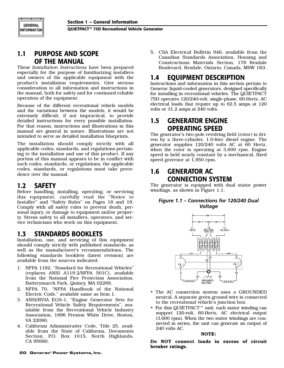 1 purpose and scope of the manual, 2 safety, 3 standards booklets | 4 equipment description, 5 generator engine operating speed, 6 generator ac connection system | Guardian Technologies 004270-3 User Manual | Page 22 / 68