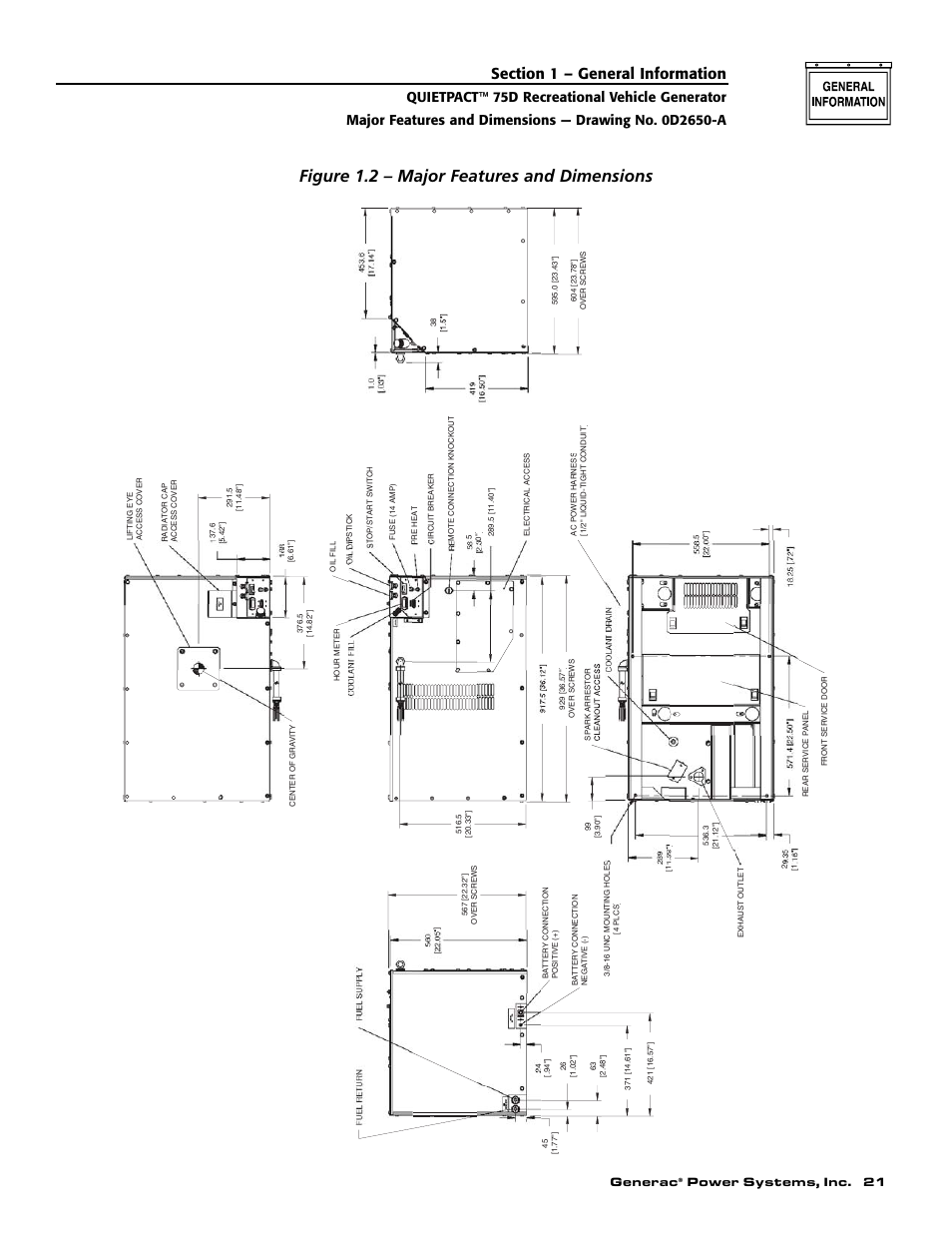 Figure 1.2 – major features and dimensions, Generac, Power systems, inc. 21 | Guardian Technologies 004270-3 User Manual | Page 23 / 68