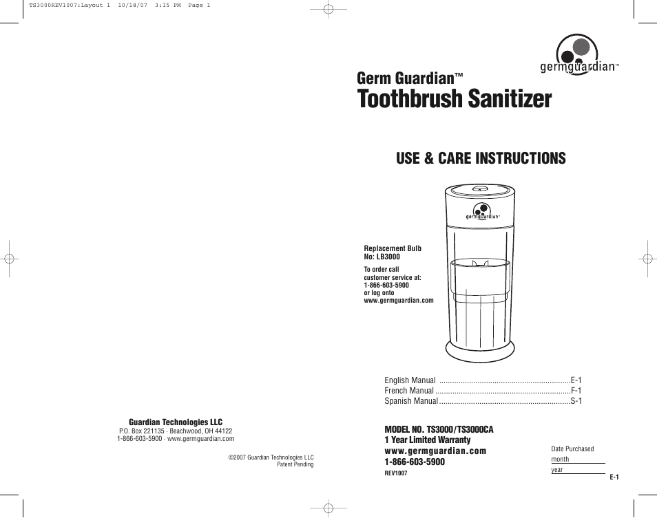 Guardian Technologies Germ Guardian TS3000CA User Manual | 16 pages