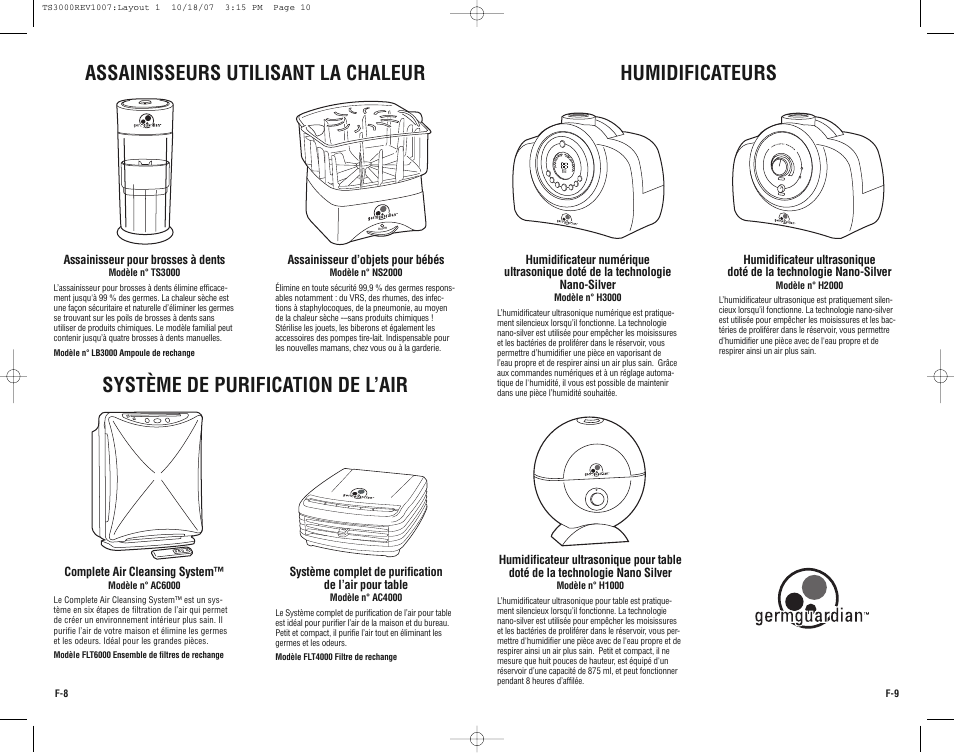 Assainisseurs utilisant la chaleur, Système de purification de l’air, Humidificateurs | Guardian Technologies Germ Guardian TS3000CA User Manual | Page 10 / 16